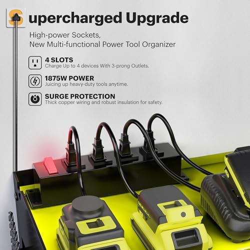 Spampur Power Tool Organizer, 15 Min Quick Assembly & Max 420lb Load by Heavy Duty Metal, 6 Slots for Cordless Drill with 4 Outlet Power Strip in Garage/Workshop/Suitable for Thanksgiving/Christmas - Image 3