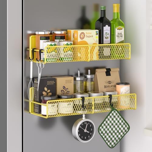 Magnetic Spice Rack for Refrigerator, 2 Pack 100% Metal Strong Magnet Shelf, Space Saving Spice Organizer W/ Hooks, Movable Magnetic Fridge Shelf, Kitchen Home Laundry Room Storage Organization,Yellow by DTUQYX