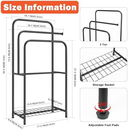 Towel Racks for Bathroom, 35" H Standing Towel Holder 3 Tier Metal Pool Towel Hanger Outdoor Floor with Storage Shelves for Blanket Bath Towel Drying (Matte Black) - Image 2