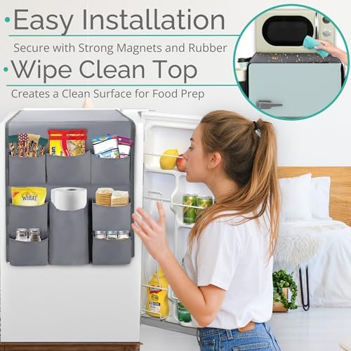 Mini Fridge Organizers and Storage - College Dorms Must Haves - Large Pockets with Dividers Holds Pantry Goods, Utensils, Paper Towel, Plastic Wrap Ideal Mini Fridge Shelf for Dorm and Office (Grey)… - Image 3