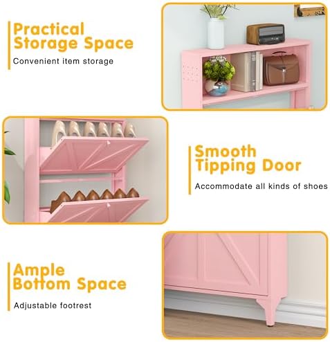 Shoe Cabinet with 2 Flip Drawers, Narrow Shoe Storage Cabinet, Farmhouse Shoe Organizer, Freestanding Organizer with Metal Legs for Entryway, Foyer (Pink, 2 Door) - Image 4
