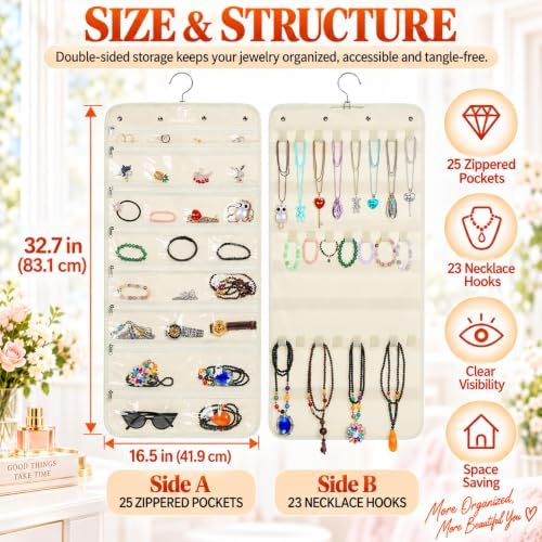 Freegrace Hanging Jewelry Organizer, 25 Zippered Pockets, 23 Necklace Hooks - Image 2