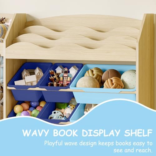 EXPERLAM Kids Toy Organizer, Scalloped Shelf, Plush Holder, 12 Blue Bins - Image 4