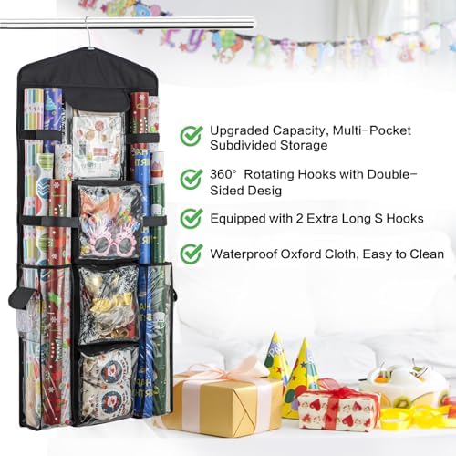 Christmas Wrapping Paper Organizer Storage, Hanging Gift Bag Storage Organizer, Double-Sided Wrapping Paper Holder Storage - Black - Image 6