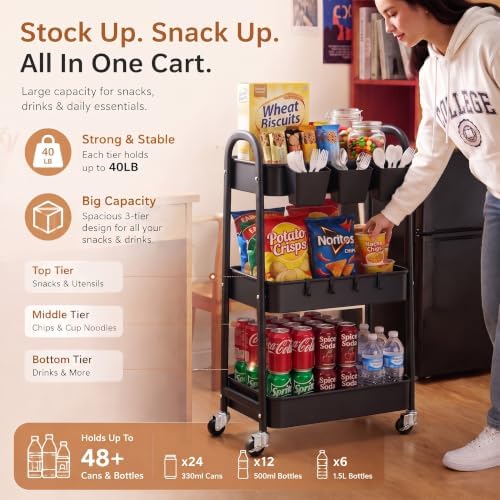 Heavy Duty 3 Tier Rolling Cart Metal with Wheels,Three Tiered Storage Carts - Image 2