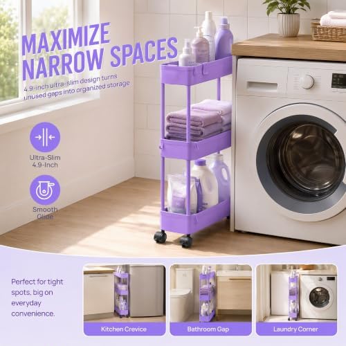 SPACELEAD Slim Storage Cart 3 Tier,Bathroom Organizer Rolling Utility,Mobile Shelving Unit Slide Out for Office, Kitchen, Laundry Room & Narrow Places,Purple - Image 4