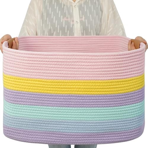 danpinera Large Laundry Basket, 108L Rectangle Woven Baskets for Storage for Living Room, Laundry, Nursery, Pillows, Baby Toy chest, Blanket Storage with Leather Handle, 25’’*16’’*16’’ Rainbow by danpinera