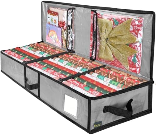 BALEINE Soft Christmas Wrapping Paper Storage Bag, 40" Durable PE Gift Wrap Storage Bag with Flexible Partitions and Pockets for Ribbon, Accessories (Grey) by BALEINE