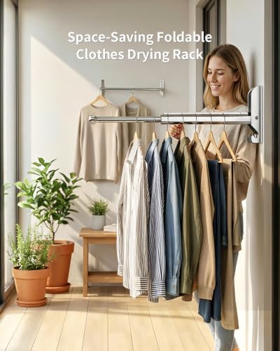 BaiNong Pull Out Wall Mounted Clothes Drying Rack Silver 13" Foldable 2Pack - Image 2