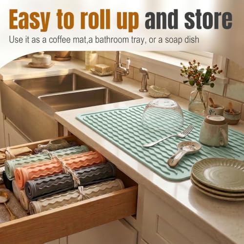 2 Pack Silicone Dish Drying Mat for Kitchen Counter Baking Cooking Grilling Tools Coffee Must Haves Household Dining Finds Dryer Work Place Covers Rubber Rug Large 18"x16" Green - Image 3