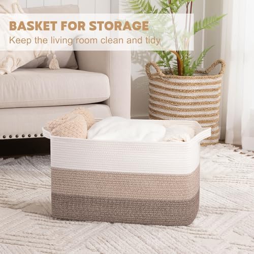 OIAHOMY Extra Large Blanket Basket, 95L Cotton Rope Woven Laundry Basket, Toy Bin for Baby Room, Container for Blanket Storage in Living Room, 24''×17''×14'', Gradient Brown - Image 3
