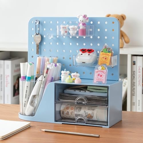 Comix Desk Organizer with 2 Drawer, Blue 360° Rotating Pen Holder for Desk - Image 5