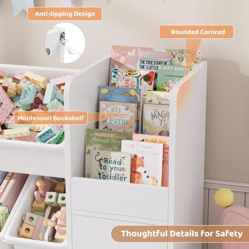 2 Pcs 55''W Storage Cabinet with Large Chest, Montessori Bookshelf, White - Image 2