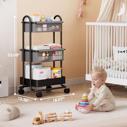 Modanais Baby Diaper Caddy Organizer Cart - 3 Tier Rolling Cart, Black - Image 2