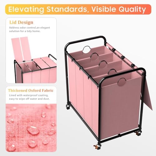 Laundry Sorter 4 Sections 48 Gal, Rolling Laundry Basket with Wheels ＆ Lid - Image 4