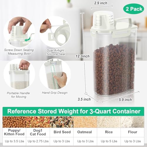 TBMax Rice Container Cereal Storage Container 2 Pack 5 Lbs, Kitchen Pantry Dry Food Storage Holder with Easy-Pouring Spout & Handy Cup, Small Pet Dog Cat Food Dispenser for Daily Feeding -Beige - Image 2