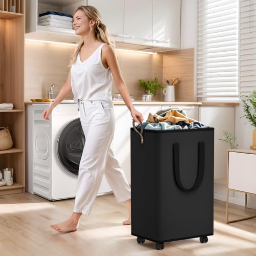SpaceTrove Rolling Laundry Basket with Wheels, Laundry Hamper, 100L, Black - Image 6