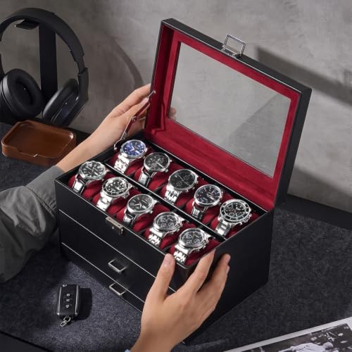 ProCase 3-Layer Watch Box with Glass Lid for Men, 20-Slot, Winered - Image 7