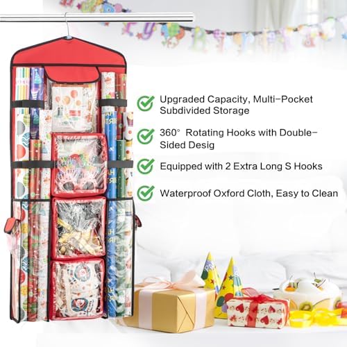 Christmas Wrapping Paper Organizer Storage, Hanging Gift Bag Storage Organizer, Double-Sided Wrapping Paper Holder Storage - Red - Image 5