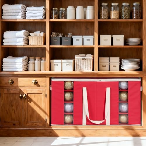 Christmas Visible Ornament Storage Box with Adjustable Dividers/Side Pockets,Ornaments Organizer with Zipper, Storage Container Bin for Christmas Decorations(128 Ball, Red, without Tray) - Image 4