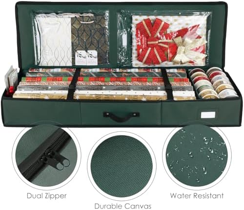 Hearth & Harbor Wrapping Paper Storage Container - Christmas Storage Bag with Interior Pockets - Gift Wrapping Organizer Storage Fits Up to 22 Rolls of 40" - Tear Proof Wrapping Paper Organizer - Image 2