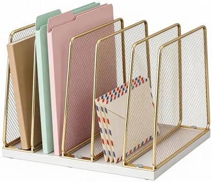 LEKETREE Gold Desk File Organizer, 5-Section Upright File Sorter, Vertical File Folder Holder, Mesh Metal Wood Office Desk Organizer for Document, Magazine, Books and more (White and Gold) by Stylishworkspaceeffortlessorganization