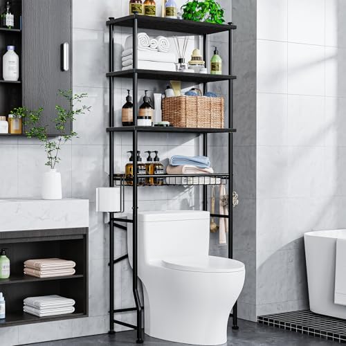 Mlinavn Over-The-Toilet Storage Rack, 4-Tier Bathroom Organizer Shelf Over Toilet with Adjustable Shelf and Basket, Freestanding Space Saver Bathroom Shelves Above Toilet for Room (Black) by Unknown