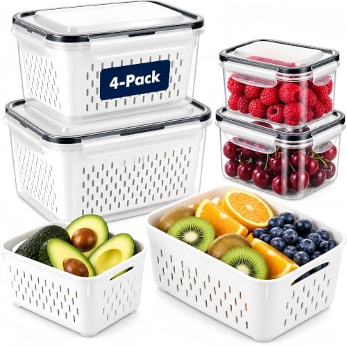4 Pcs Large Fruit Storage Containers for Fridge Food Storage with Colanders by Unknown