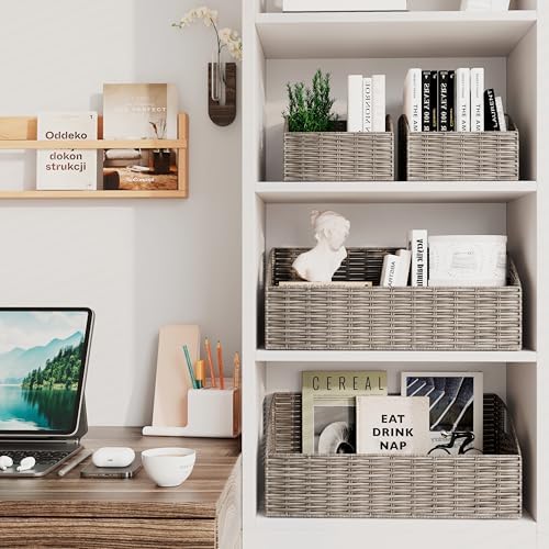 Pantry Baskets Organization, Wicker Storage Bin Shelf Grey - Image 6