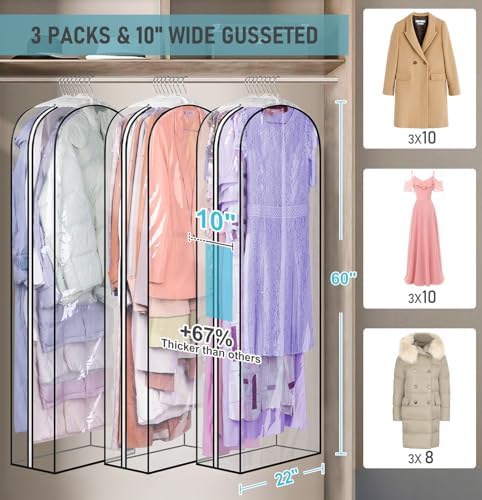 MISSLO 10" Gusseted All Clear Garment Bags for Hanging Clothes 60" Dress Bags for Gowns Long Fur Coat Closet Storage Covers, 3 Packs - Image 2