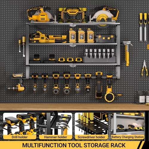YYR Large Power Tool Organizer Wall Mount, Heavy Duty Metal Cordless Drill Storage Rack with Battery Charging Station Shelf, Utility Racks for Garage Organization, 4 Layer 10 Drills Holder Extra Tall - Image 2