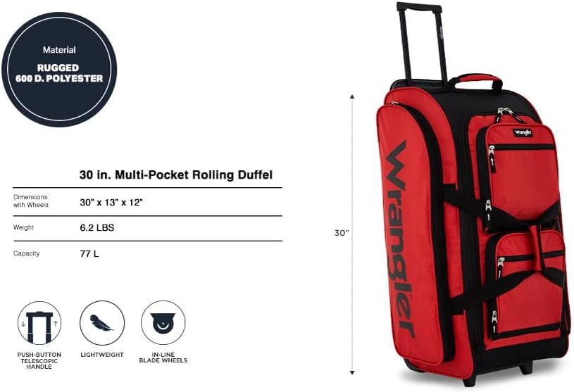 Wrangler 30" Wesley Rolling Duffel Bag, Salsa Red - Image 2