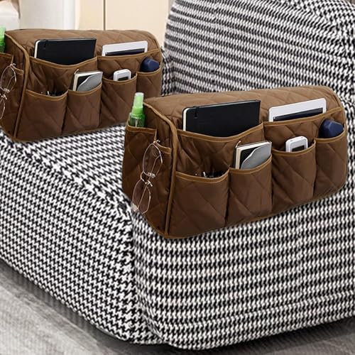 MEHIDFY Armchair Caddy Remote Control Holder for Couch Recliner Armrest Organizer Non Slip Couch Arm Covers for Sofa with 14 Pockets Storage for Magazine, Tablet, Phone, iPad (Brown 2pcs) by MEHIDFY-HOMEKITCHEN
