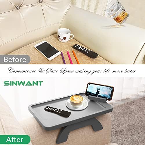 SINWANT Couch Armrest Table with 360° Rotated Phone Holder,Gray Bamboo - Image 6