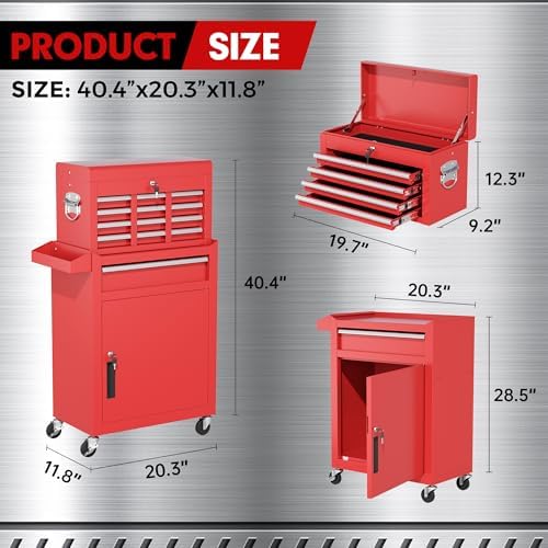 INTERGREAT Tool Chest, 5 Drawers Rolling Tool Chest with Detachable Top Tool Box, Tool Chests with Universal Lockable Wheels, Metal Tool Cart for Garage, Workshop, Barbershop, Red - Image 3