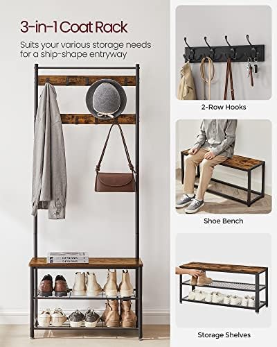 VASAGLE Coat Rack, Hall Tree with Shoe Storage Bench, 3-in-1, Steel Frame - Image 3