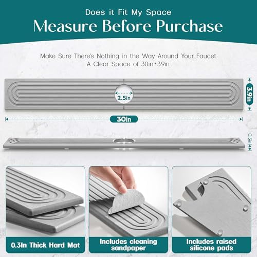 eormoe 30 inch Kitchen Faucet Absorbent Mat - Diatomaceous Earth Splash Guard for Sink Faucet, Aesthetic Water Absorbing Stone Tray in The Modern Home(Grey, 30" x 3.9") - Image 2