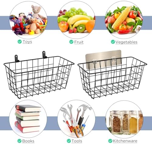 4 Pack Hanging Wall Basket Wire Storage Baskets, Adhesive Basket for Cabinet Door Organizer(2 Wall Mounting Options), Hanging Fruit Baskets for Kitchen, Pantry Organization, Bathroom, Black - Image 5