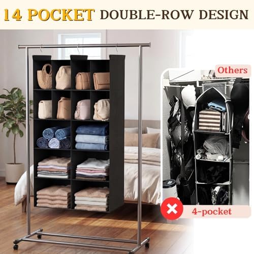 5 Tier Hanging Closet Organizer, 14 Compartments Dual Row Storage, Black - Image 3