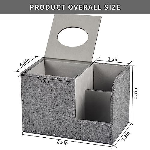 Square Tissue Box Cover Organizer,PU Leather Cube Tissue Box Holder with 2-Compartment Storage Box,Tissue and Remote Control Holder,Decorative Tissue Box Bedroom NightStand Office Tabletop,Grey - Image 2