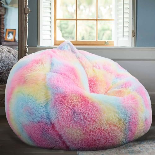 Fluffy Stuffed Animal Storage Bean Bag Chair Cover (No Filler), Faux Fur Comfy Bean Bag Cover for Organizing Plush Toys or Textile, for Adults Teens Kids Girls, Rainbow - Image 2