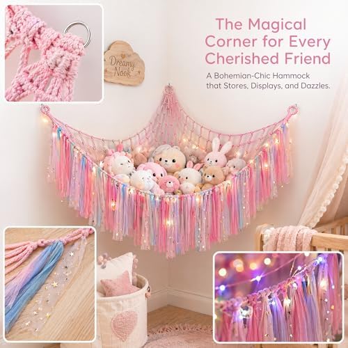 THIDARGO Stuffed Animal Hammock Storage Net with LED Lights, Colorful Tassels, 59in, for Kids Bedroom Nursery Playroom, Includes 3 Hooks (not including battery) (Peach Pink) - Image 6