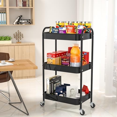 3-Tier Rolling Cart, Metal Utility Storage Carts with Wheels, Black - Image 4