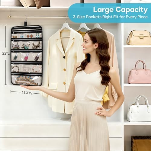 MISSLO Hanging Jewelry Organizer Travel Foldable Jewelry Roll Storage Case with 14 Cotton Zippered Pockets for Traveling, Closet, Suitcase - Image 2