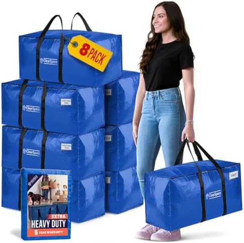 ClearSpace Heavy Duty Moving Bags or Storage Bins with Lids, Blue, 8 Pack by ClearSpace