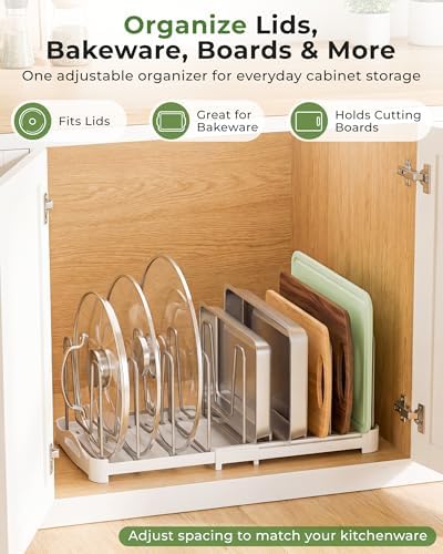 EVERIE Adjustable Cabinet Organizer for Pot Lids, Bakeware, Cookie Sheets & Cutting Boards, Upright Storage Rack for Kitchen Cabinet, Stable Dividers, 9.7" Deep, 12.6" to 21.5" Wide, Pack of 2 - Image 2