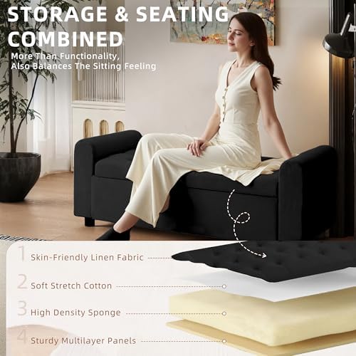 48" Ottoman with Storage, Tufted Storage Ottoman Bench, Convenient Living Room Fabrics Bench Seat, Entryway Shoe Benches with Inner Zipper & Arm, Rivetless Upholstered Window Seat Ottomans, Black - Image 6