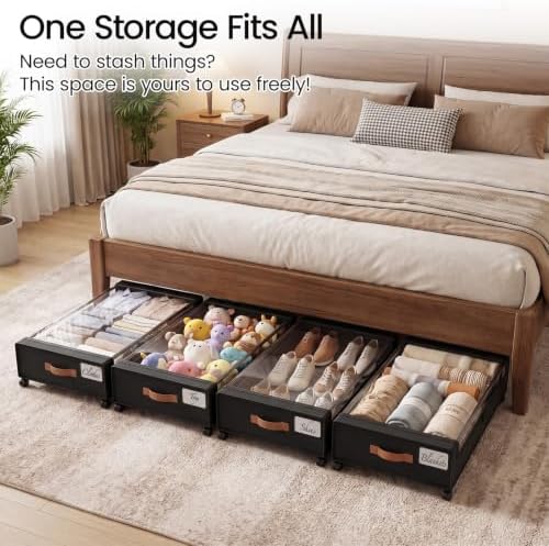Yecaye 60 L Under Bed Storage with Wheels, 2 Pack Under Bed Storage Containers with Clear Window & Label, Rolling Under bed Shoe Storage organizer for Clothes, Shoes, Black - Image 6