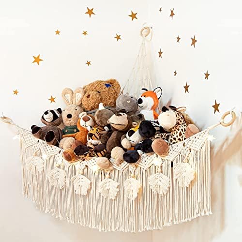 Macrame Stuffed Animal Storage with Star Light, Corner Hammock for Nursery by ANROYE
