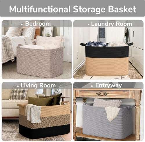 Goodpick 105L Extra Large Woven Rope Blanket Basket, Rectangle, Gray - Image 4